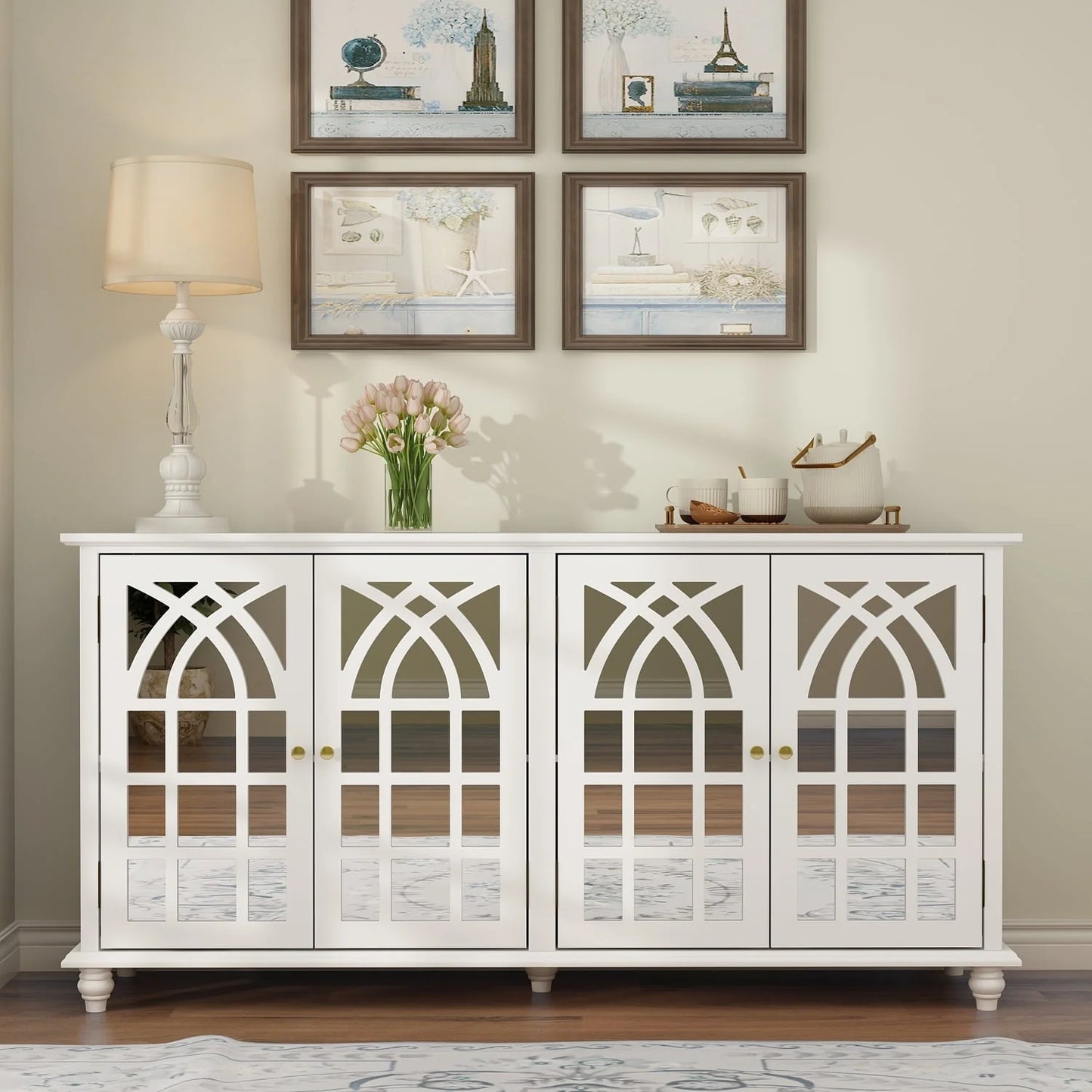Timechee Buffet Sideboard Accent Table, Console Table Storage Cabinet with Mirror Doors,White