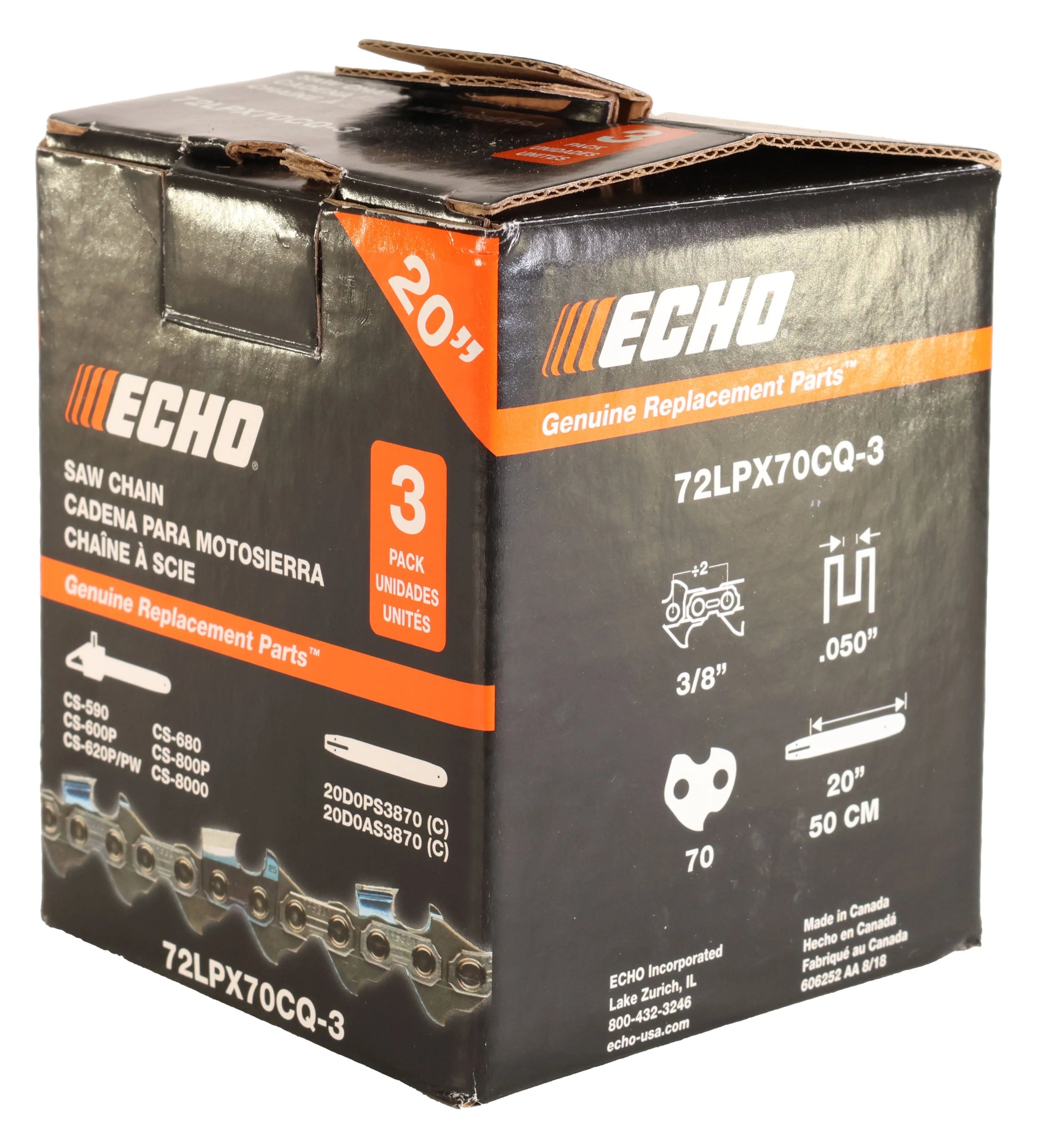 Echo 3 Pack Genuine OEM 20" Cutting Chain for CS-620P Saw - 72LPX70CQ-3PK