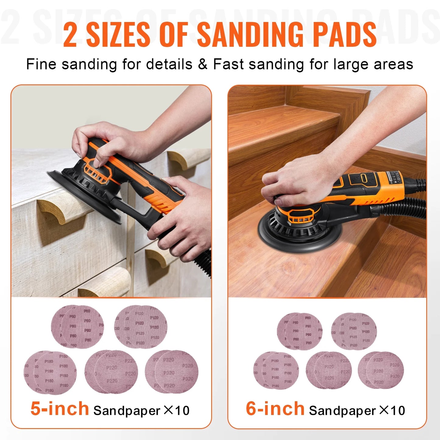 KFFKFF Dual-Size Orbital Sander,5 & 6-Inch,350W Brushless,10,000 PRM with 6 Adjustable Speeds, Electric Hand Sander.Comes with 20 Sandpapers,Dust Connector & Hose. Ideal for Detailed Woodwork Sanding