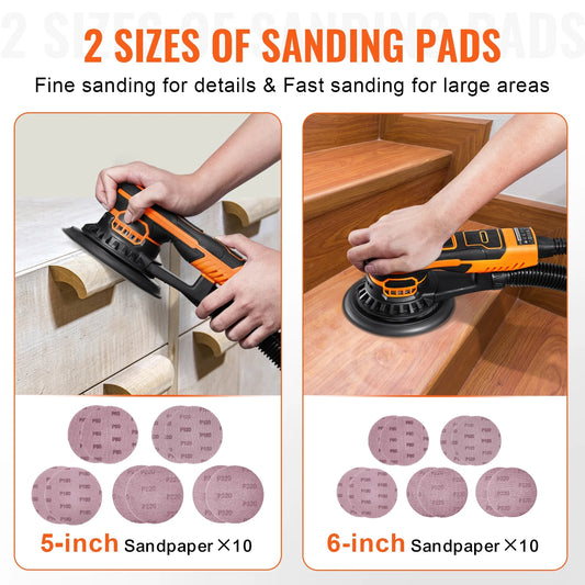 KFFKFF Dual-Size Orbital Sander,5 & 6-Inch,350W Brushless,10,000 PRM with 6 Adjustable Speeds, Electric Hand Sander.Comes with 20 Sandpapers,Dust Connector & Hose. Ideal for Detailed Woodwork Sanding