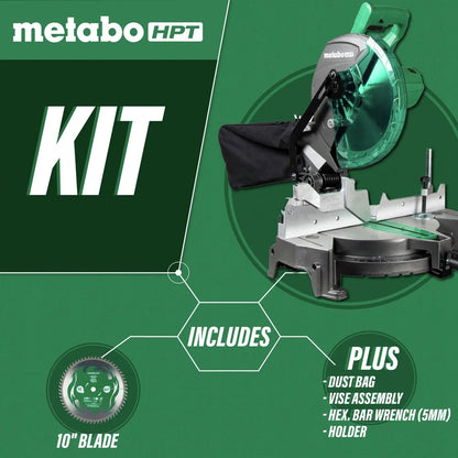 Metabo HPT Compound Miter Saw, 10" Miter Saw with Large Table Saw for woodworking, Power saw with 15-Amp Motor, Accurate Miter Angles, 0-45 Bevel, 24T TCT Miter Saw Blade, Positive Stops, C10FCGS