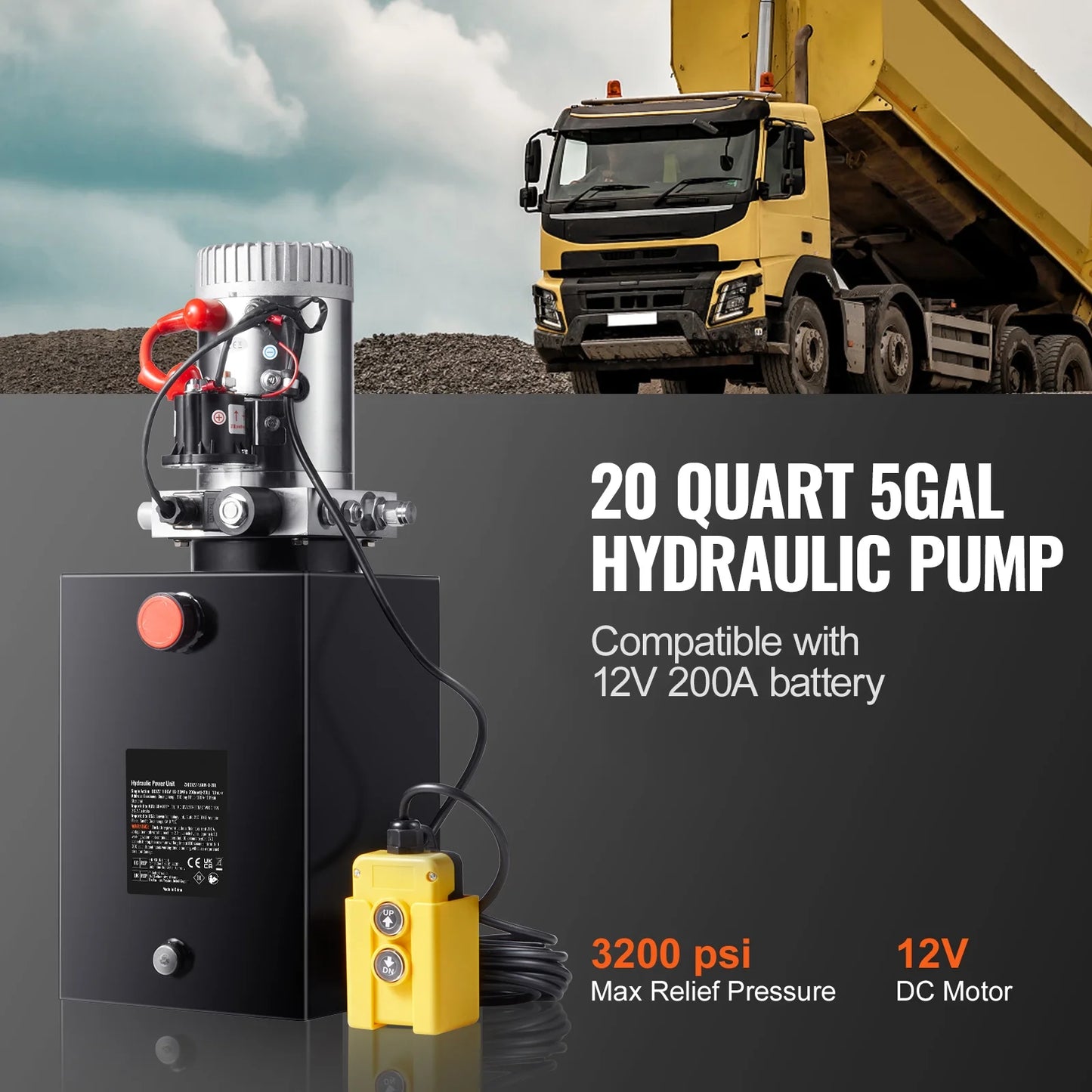 KFFKFF Hydraulic Pump, 20 Qt Power Unit, Single Acting for Dump Trailers, 0.91 GPM, 3200 PSI, 12V DC for Car Lifts
