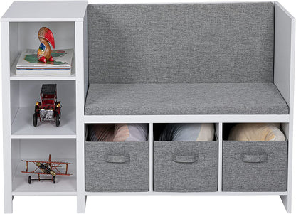 UTEX Kids Bookcase with Reading Seat, 6-Cubby Kids Toy Storage Organizer with Bins, Kids Bookshelf and Storage for Boys and Girls, White