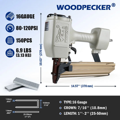 WOODPECKER N851 16GA Pneumatic Heavy Wire Stapler, 1''to 2'' Length,7/16'' Medium Crown Safety Construction