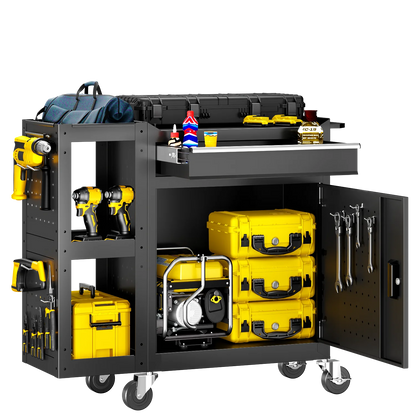 Gewna 5 Drawers Rolling Garage Tool Chest with Locking System,Metal Storage Cart with Side Cabinet,Protective Liner & Tool Rack for Garage Workshop