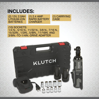 Klutch 3/8in. Ratchet Wrench Kit, 12V, Cordless, Lightweight, Ergonomic, 2.0Ah