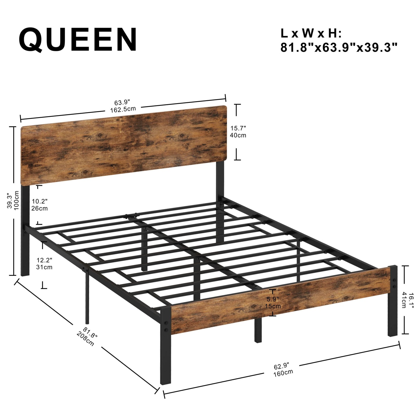 LIKIMIO Queen Platform Bed Frame with MDF Headboard, Strong Steel Support and Underbed Storage Space, Vintage Brown
