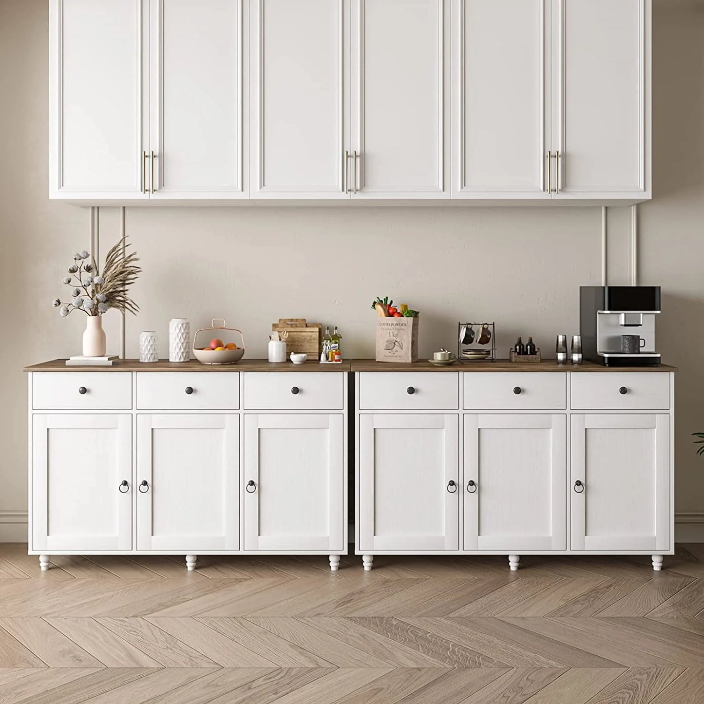 Catrimown Sideboard Buffet Cabinet, Mid-Century Kitchen Storage Cabinet with 3 Drawers & 3 Doors, Coffee Bar Cabinet with 3 Adjustable Shelves, White