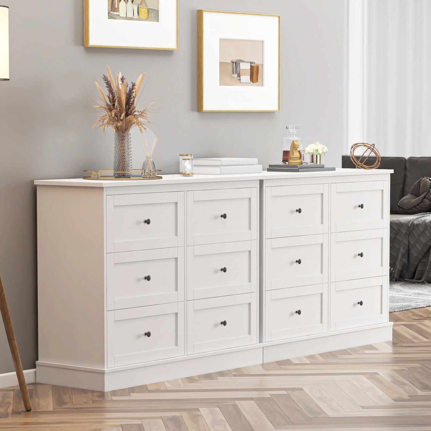 Homfa 6 Drawer Double Dresser White, Wood Storage Cabinet for Living Room, Chest of Drawers for Bedroom