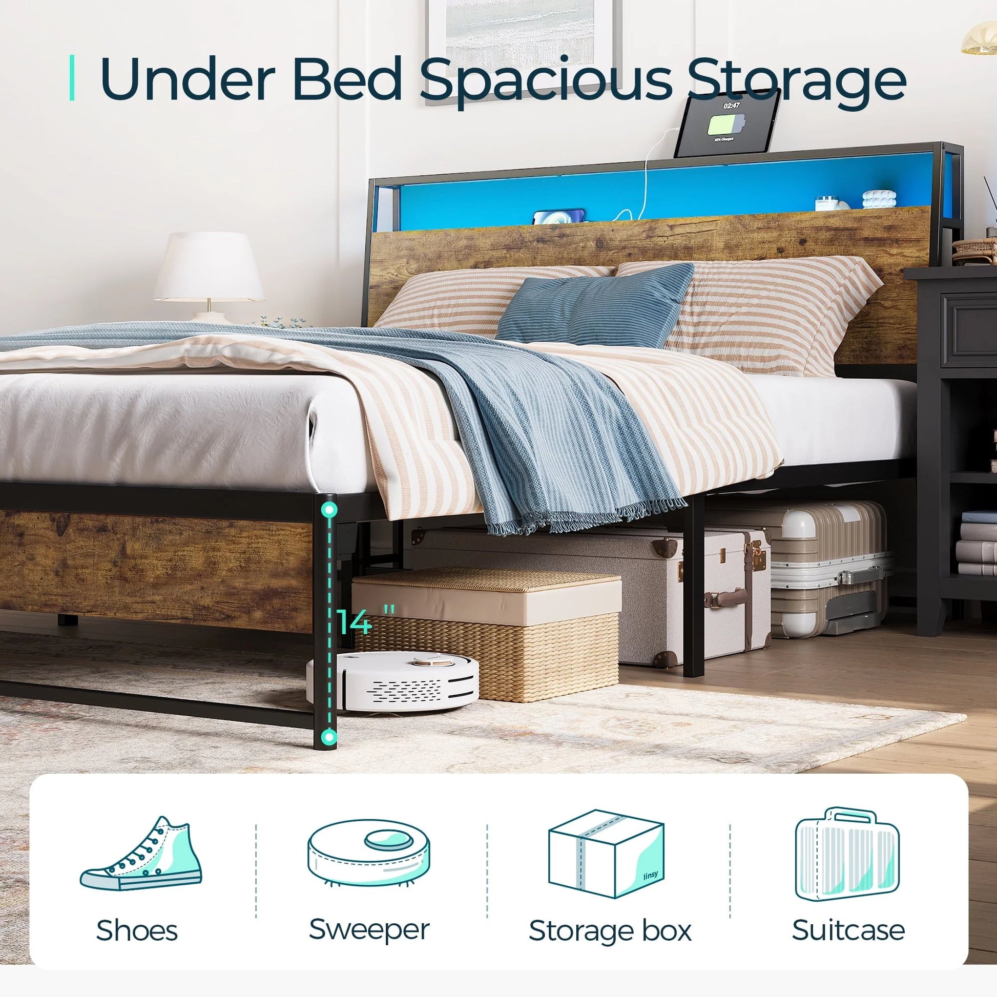 LINSY LIVING Full Size Platform Bed Frame with Headboard and 3 Storage Shelves, Metal Bed with Lights, Outlets & USB, Dark Brown,