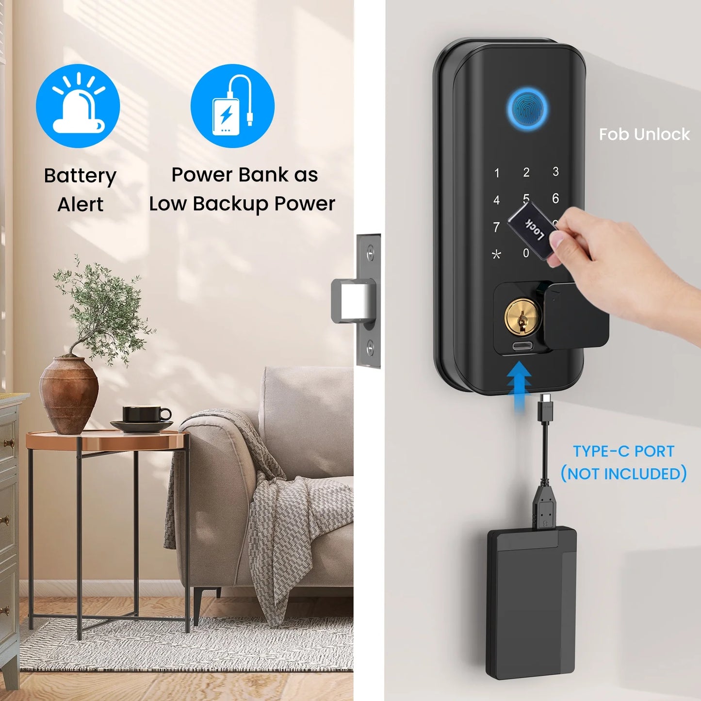 AUOSHI Security Smart Lock Fingerprint Door latch Keyless Entry Wi-Fi Door Lock Wireless Electronic Deadbolt with Touchscreen Keypad doorbell key IC Card App Control IP65 Waterproof Matte Black