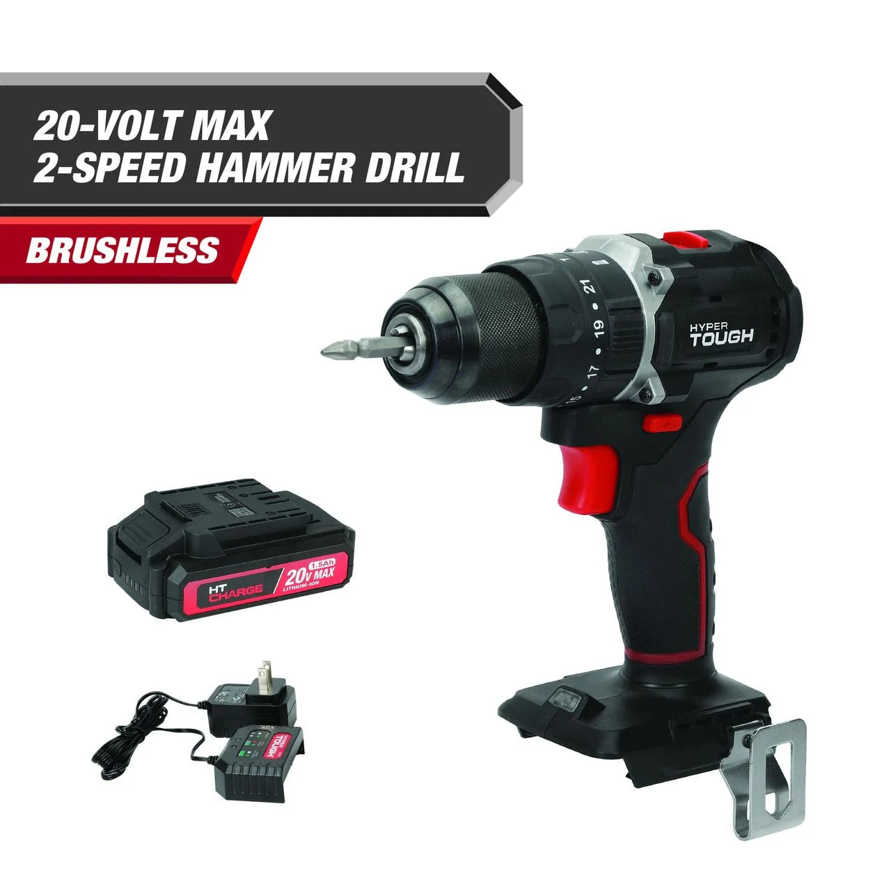 Hyper Tough 20V 1/4? Impact Driver & 1/2? 2-Speed Hammer Drill Bundle, (2) 1.5Ah Lithium-Ion Batteries & (2) Chargers