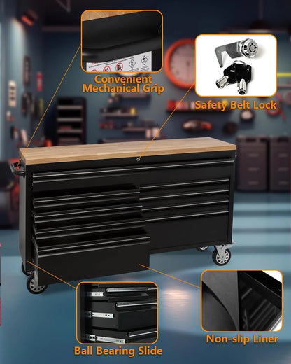 M optimized 61" Rolling Tool Chest with 9 Drawers, Lockable Tool Cabinet with Wheels, Mobile Workbench for Garage and Workshop Storage, Large Rolling Tool Chest