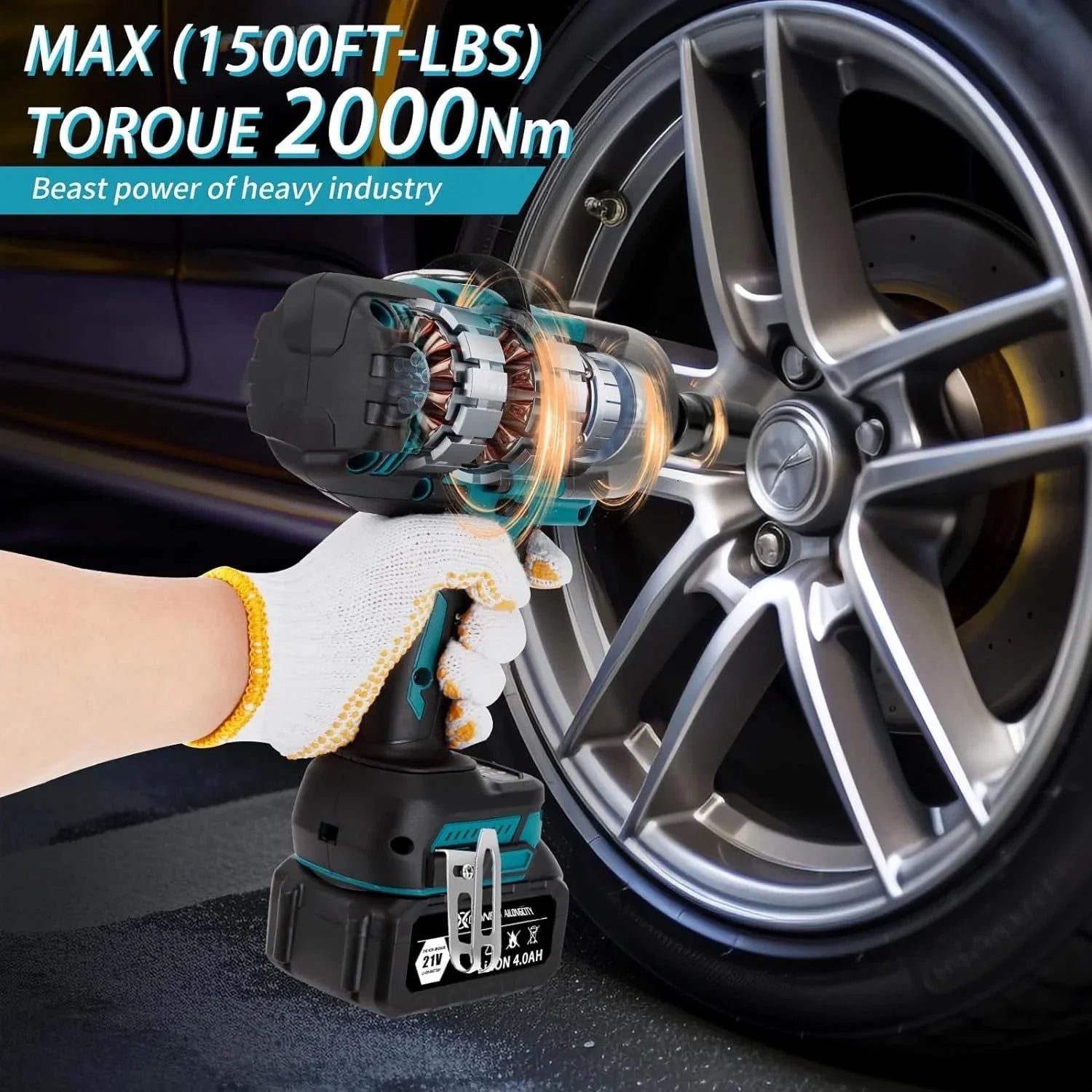 2000Nm(1500ft-lbs) Cordless Impact Wrench,3/4 inch High Torque Brushless Impact Gun, 5500RPM Power Batt ery Impact Wrench w/2 x 4.0Ah Bat tery, Fast Charger for Heavy Duty Truck Mower