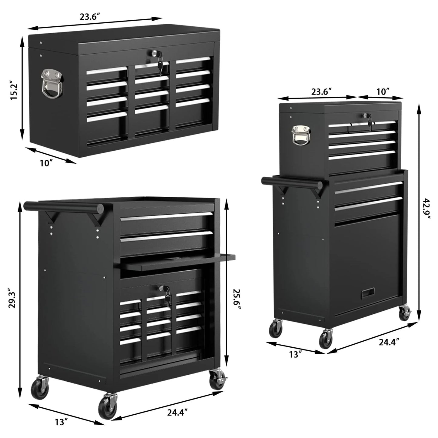 Aukfa Tool Box, 2 in 1 Steel Rolling Tool Chest & Cabinet on Wheels for Garage, 8-Drawers, Black