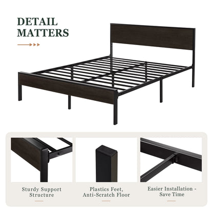 Amolife Heavy Duty Queen Size Platform Bed Frame with Wood Headboard, 12" Under Bed Storage, Black Oak