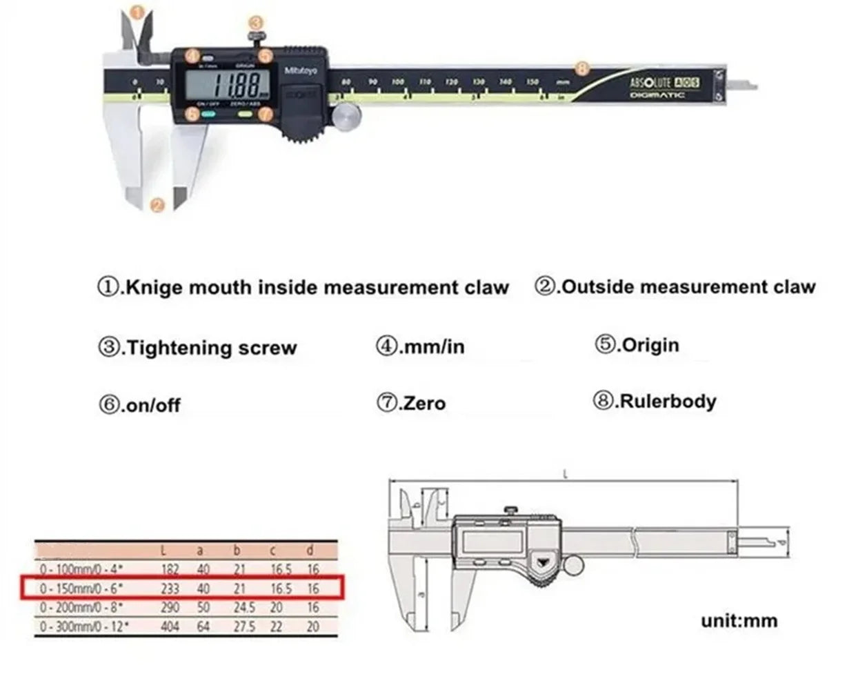 Mitutoyo 500-193-30 Advanced Onsite Sensor AOS Digital Caliper LCD Vernier Caliper Stainless Steel Measuring Tools 500 Series, 0" to 12"/0 to 300mm Measuring Range, 0.0005"/0.01mm Resolution, AOS
