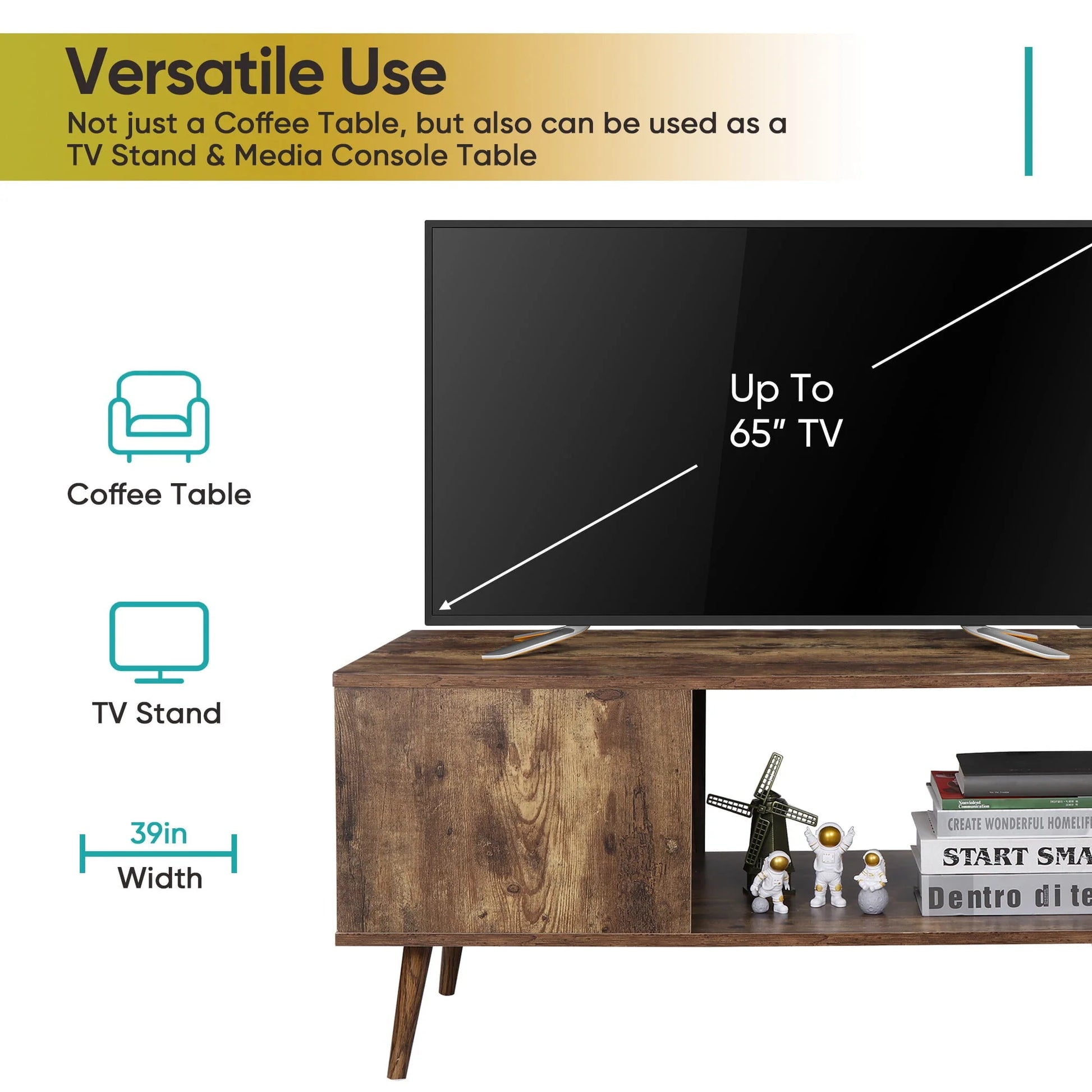ZENY Wooden Mid Century Coffee Table with Open Storage Shelf Vintage Accent TV Table for Living Room, Bedroom Home/Office Indoor, Brown
