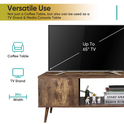 ZENY Wooden Mid Century Coffee Table with Open Storage Shelf Vintage Accent TV Table for Living Room, Bedroom Home/Office Indoor, Brown