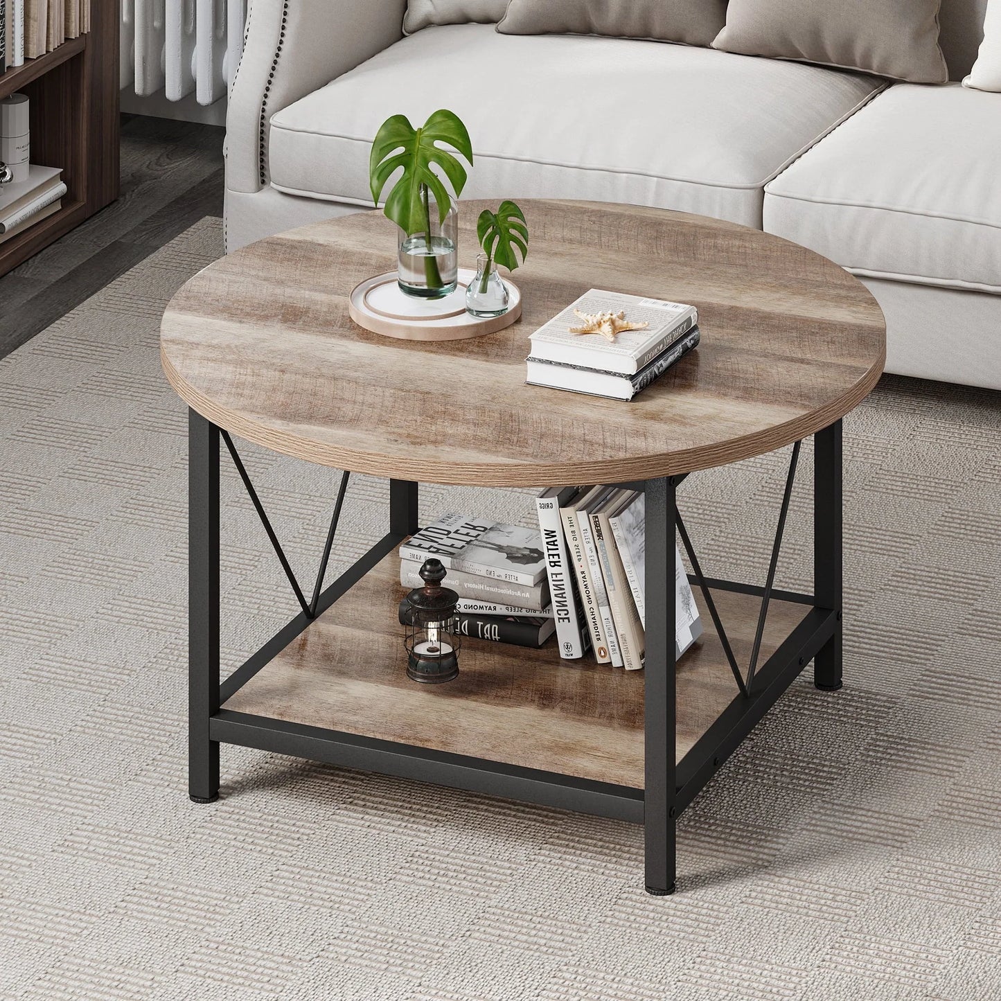 Dextrus Round Coffee Table with Storage, Rustic Living Room Tables with Sturdy Metal Legs, OAK