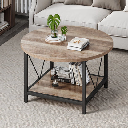 Dextrus Round Coffee Table with Storage, Rustic Living Room Tables with Sturdy Metal Legs, OAK