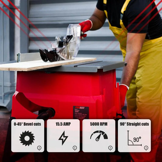 PROMAKER 10 Inch Table Saw, 15.5-Amp 5000RPM, Table Saw for Woodworking with Miter Gauge Scale, 0-45o Bevel Cuts and Straight Cuts at 90o, Includes Saw and 2 year warranty