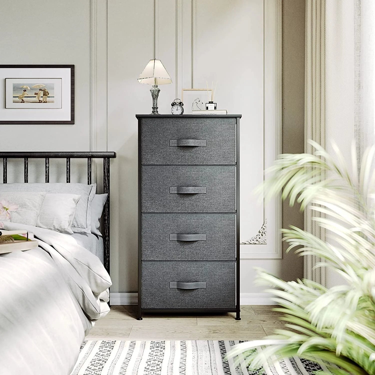 Dextrus 4-Drawer Fabric Dresser, Furniture Storage Tower Cabinet, Organizer for Bedroom, Living Room, Hallway, Closet & Nursery, Sturdy Steel Frame, Wooden Top, Easy-to-Pull Fabric Bins(Gray)