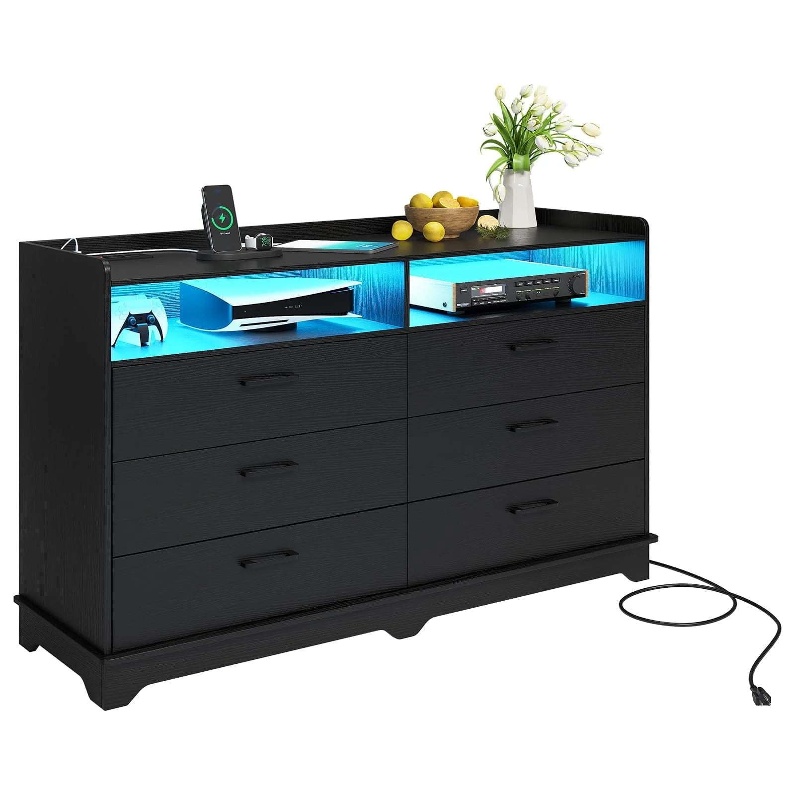 Hasuit 6 Drawers Dresser with LED Lights and Charging Station, Modern Storage Tower Dressers and Chests of Drawers and Open Cubby, Black