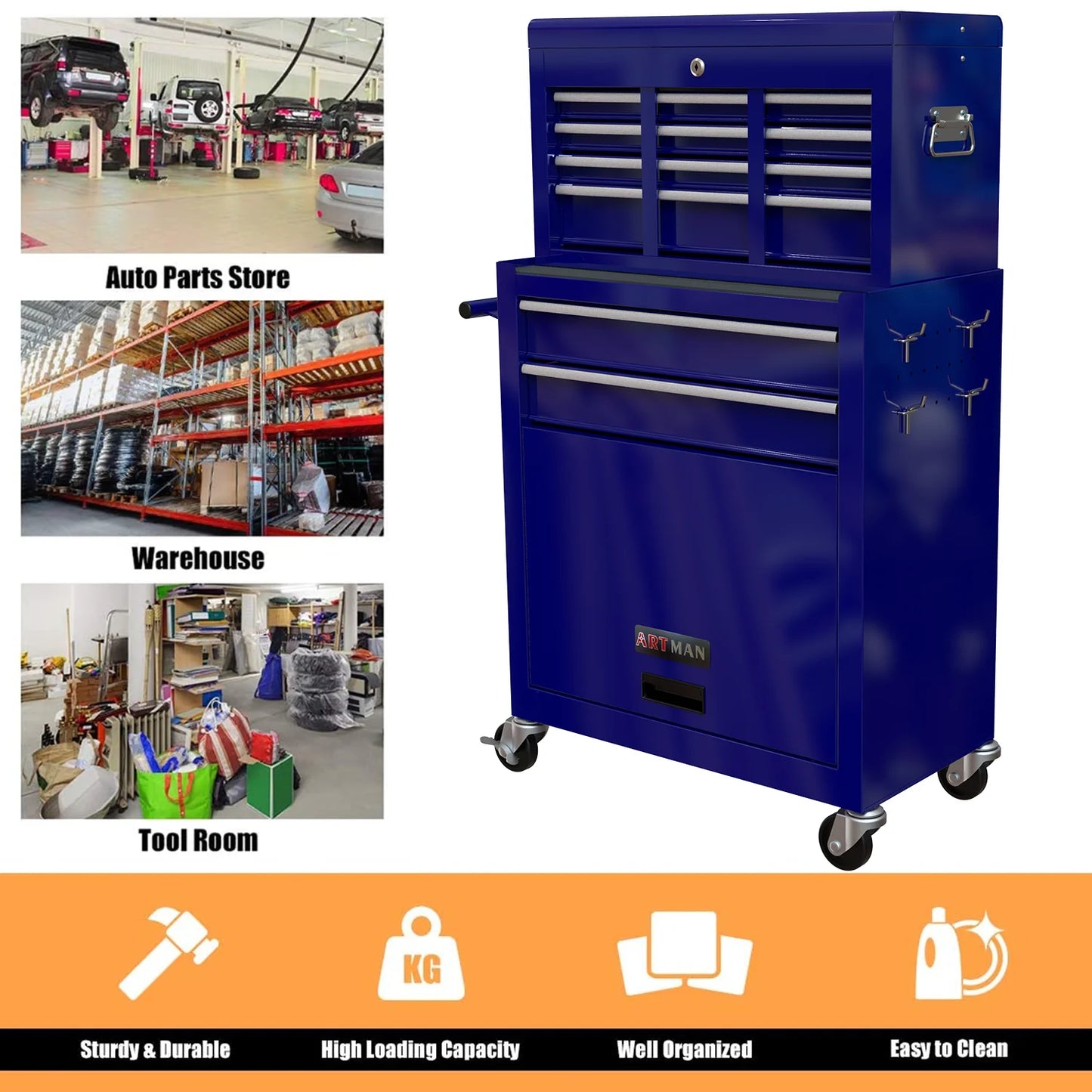 WLVOS Rolling Tool Chest with Lock, Removable Storage Cabinet, 8-Drawer, Blue
