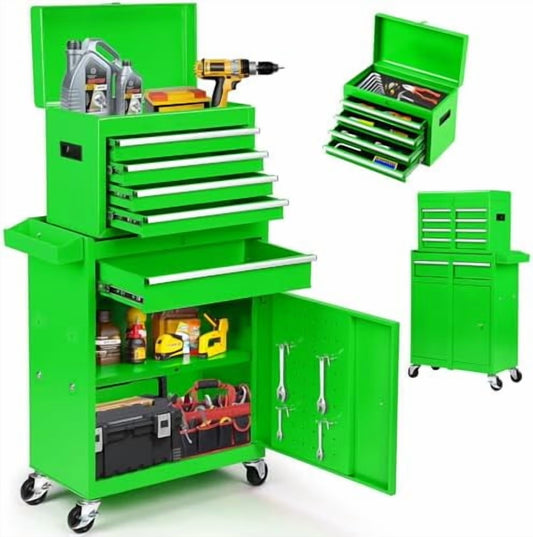 5-Drawer Rolling Tool Chest - 2-in-1 Lockable Tool Box with Wheels, Sliding Drawers & Detachable Top - Garage & Workshop Storage Cabinet, Green
