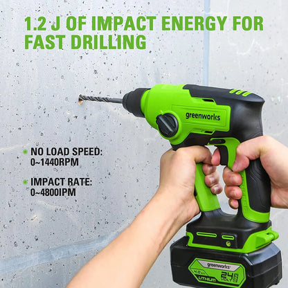 Greenworks 24V Brushless SDS 1.2J Rotary Hammer with 4Ah USB Battery and 2A (1H) Adaptor Charger