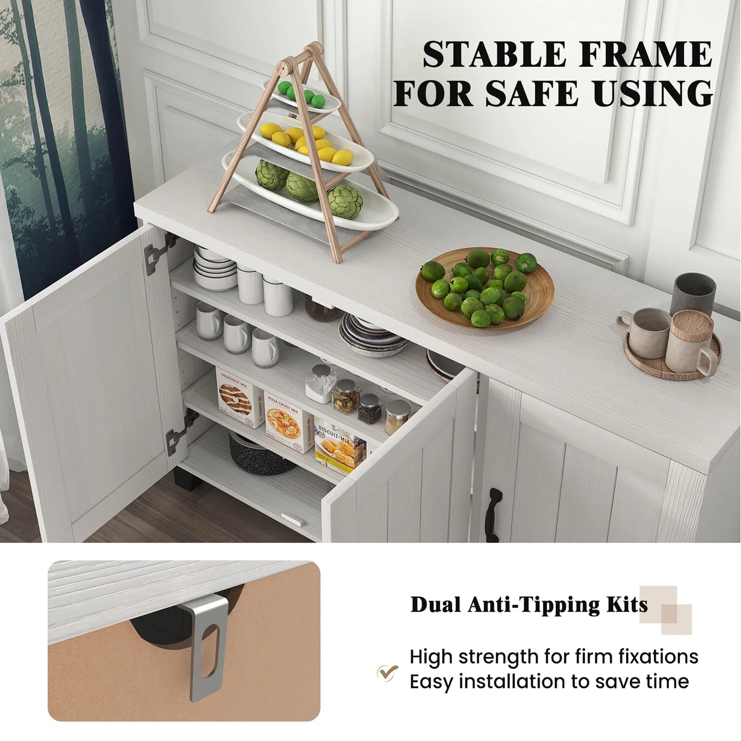 Costway 3-Door Buffet Sideboard Storage Credenza Cabinet Console Adjustable Shelf White Wash