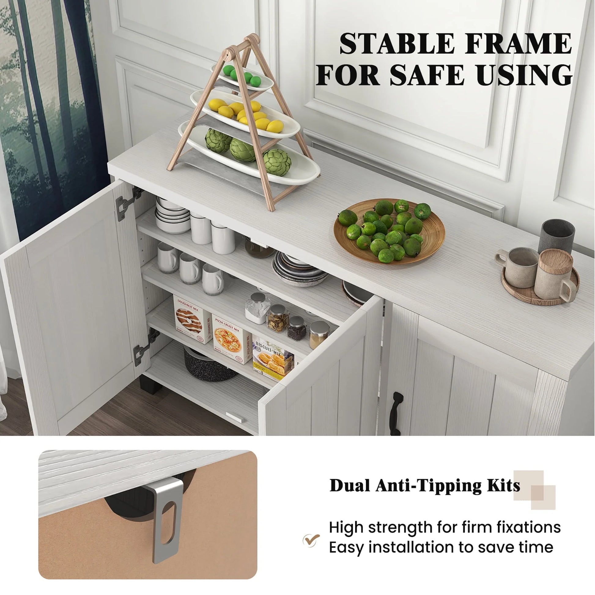 Costway 3-Door Buffet Sideboard Storage Credenza Cabinet Console Adjustable Shelf White Wash
