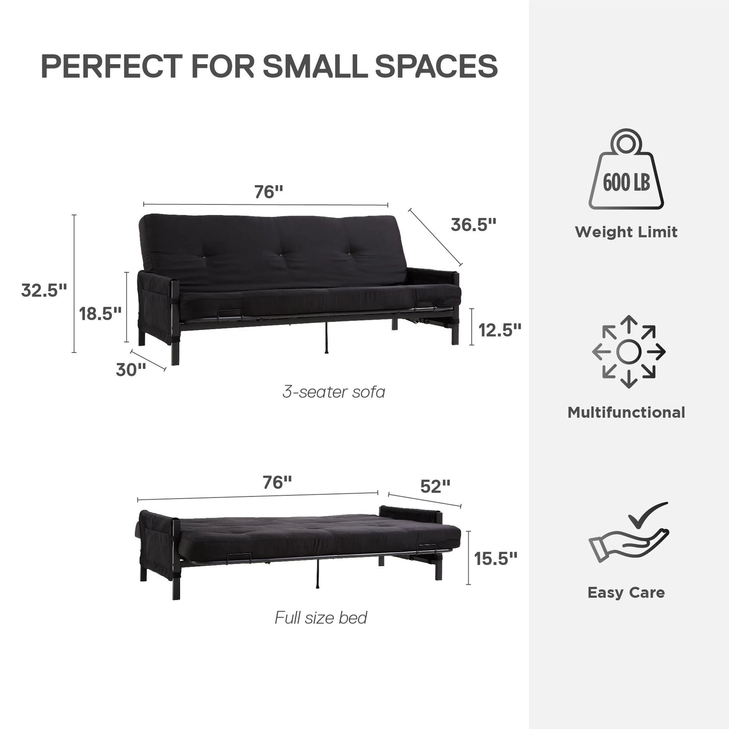 DHP Fairview Futon Set with Black Metal Frame, 6" Mattress and Storage Pockets, Black