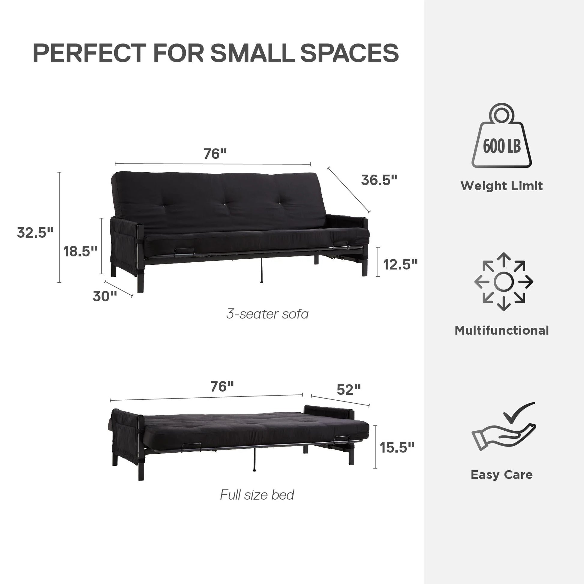 DHP Fairview Futon Set with Black Metal Frame, 6" Mattress and Storage Pockets, Black
