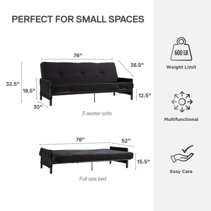 DHP Fairview Futon Set with Black Metal Frame, 6" Mattress and Storage Pockets, Black