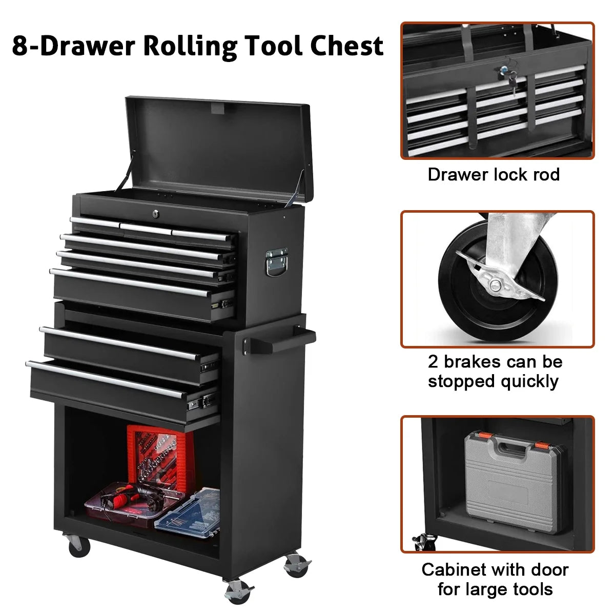 8-Drawer Tool Chest with Wheels, Tool Storage Cabinet and Tool Box, Lockable Rolling Tool Chest with Drawers, Toolbox Organizer for Garage Warehouse Workshop (Orange)