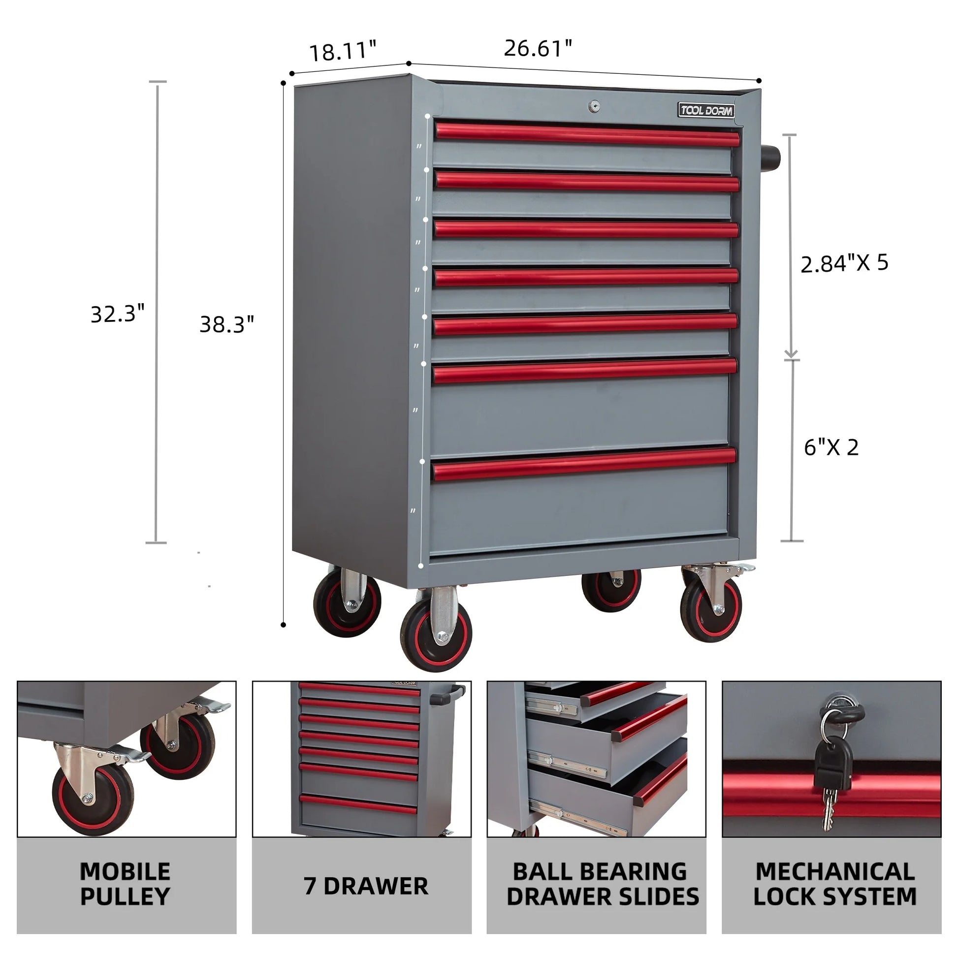 26.7inch Tool Cabinets Rolling Toolbox with 7 Drawers, Metal Tool Chest with Wheels, Gray Color, Tool Cart for Garage, Warehouse, Repair Shop, Workshop