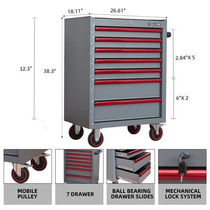 26.7inch Tool Cabinets Rolling Toolbox with 7 Drawers, Metal Tool Chest with Wheels, Gray Color, Tool Cart for Garage, Warehouse, Repair Shop, Workshop
