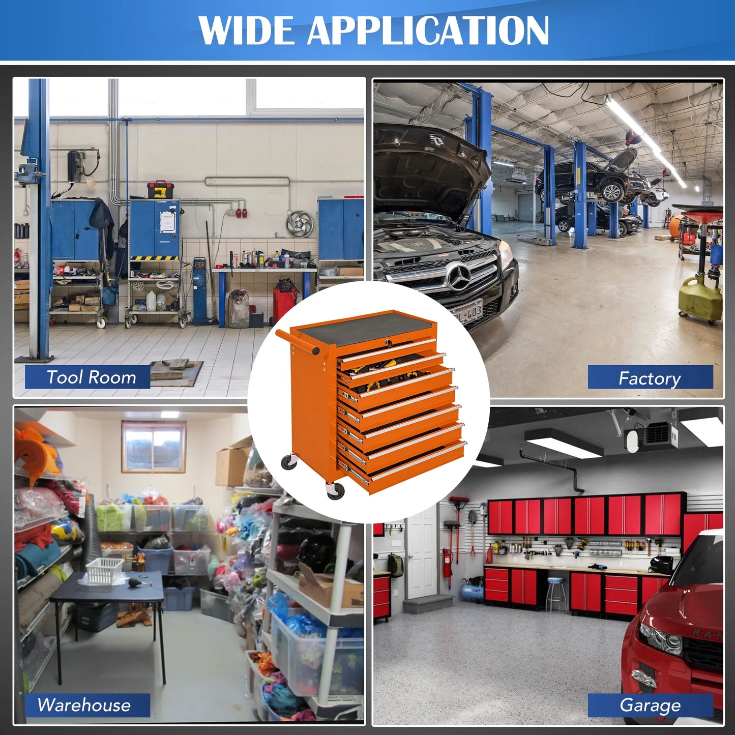 Tool Box, 7-Drawer Steel Rolling Tool Chest on Wheels for Workshop Garage, Orange
