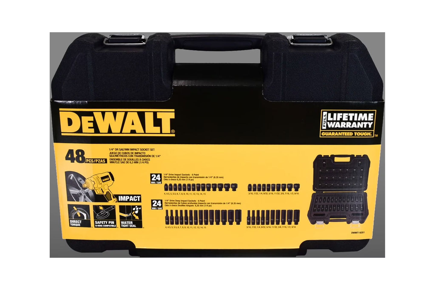 DEWALT DWMT19251, 1/4" Drive Metric and SAE Impact Socket Set, Black Oxide Finish, 48 Piece