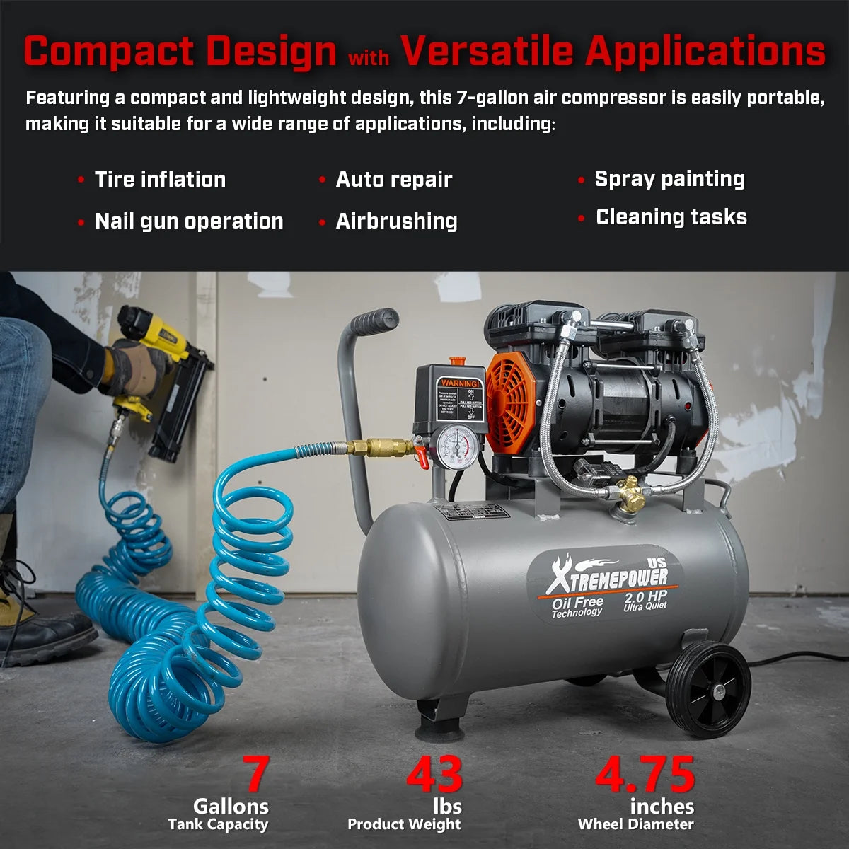 XtremepowerUS 10 Gallon Ultra Quiet Portable Air Compressor, 3.5HP, 125 PSI, Oil-Lubricated, 120V