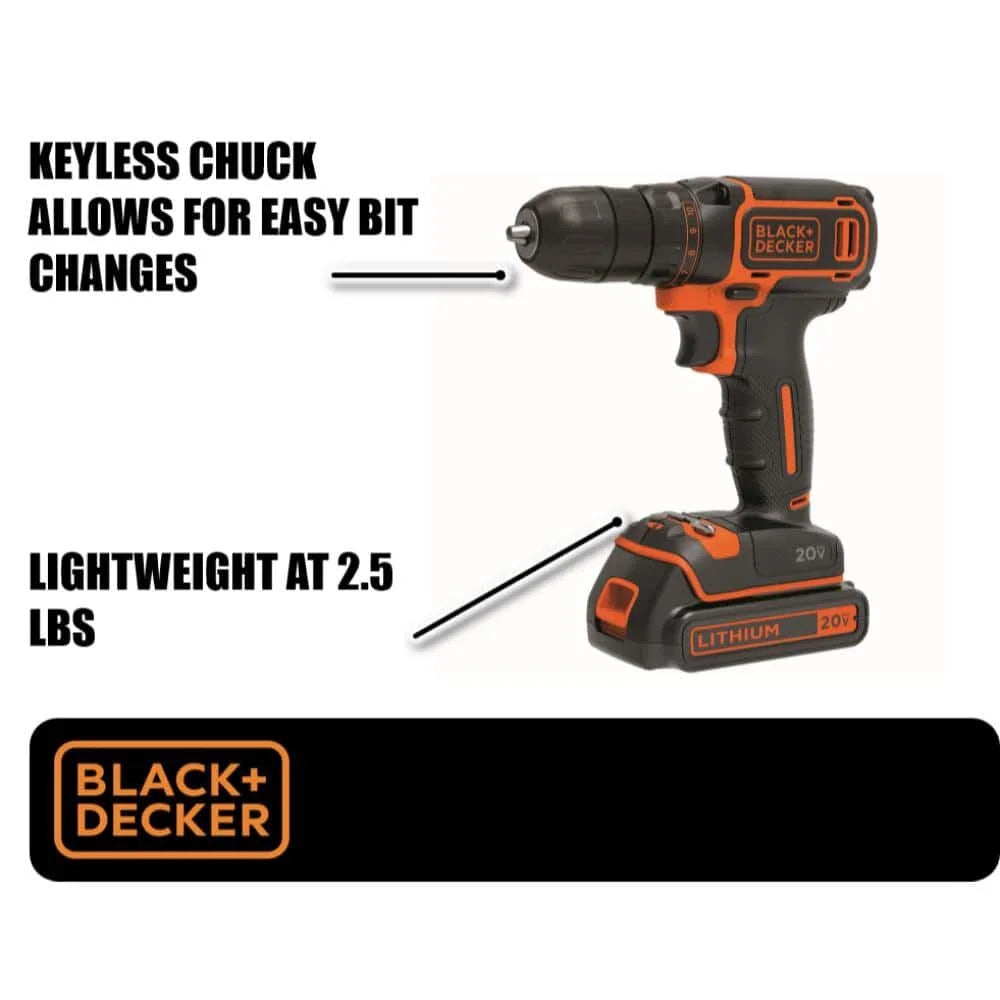 BLACK+DECKER 20V Cordless 3/8 in Drill Driver, 1.5Ah, Battery and Charger Included