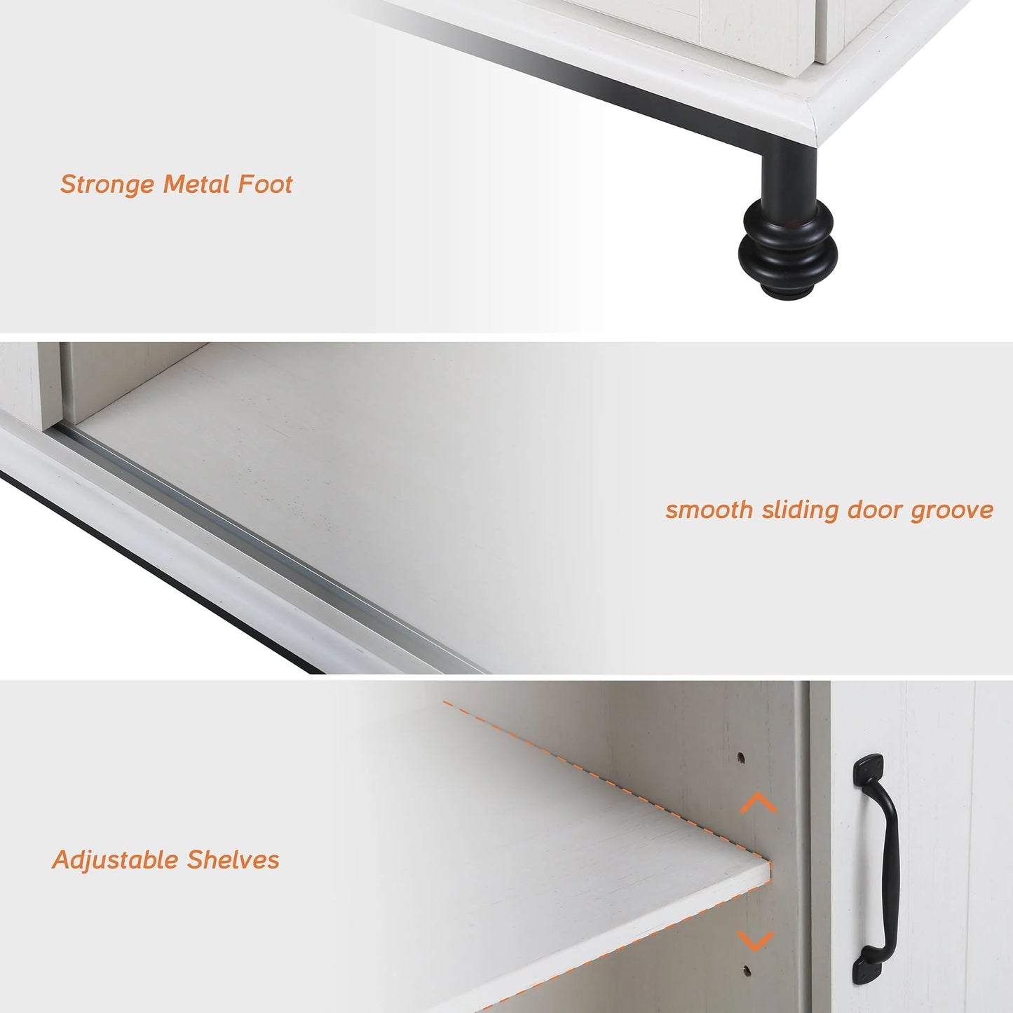 Wampat Farmhouse Barn Door Accent Storage kitchen Cabinet with Metal Legs, White