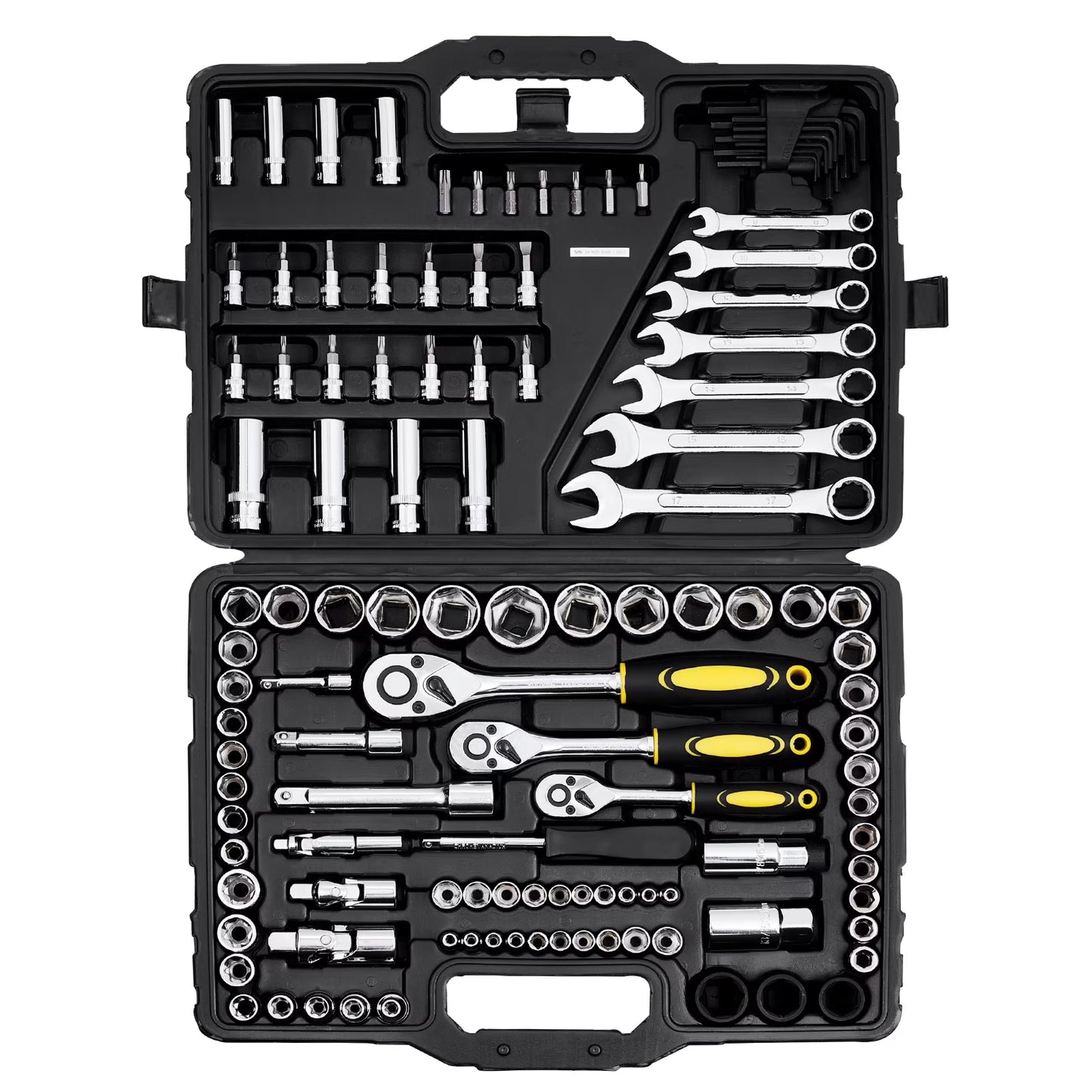 VEVOR 121-Piece Mechanics Tool Set, 1/4" 3/8" 1/2" Drive Sockets, SAE and Metric Mechanic Tool Kit with Bits, Wrenches, Ratchet Handle, Accessories, and Plastic Storage Case, for Automotive Repair
