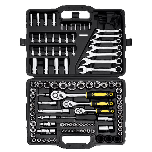 VEVOR 121-Piece Mechanics Tool Set, 1/4" 3/8" 1/2" Drive Sockets, SAE and Metric Mechanic Tool Kit with Bits, Wrenches, Ratchet Handle, Accessories, and Plastic Storage Case, for Automotive Repair