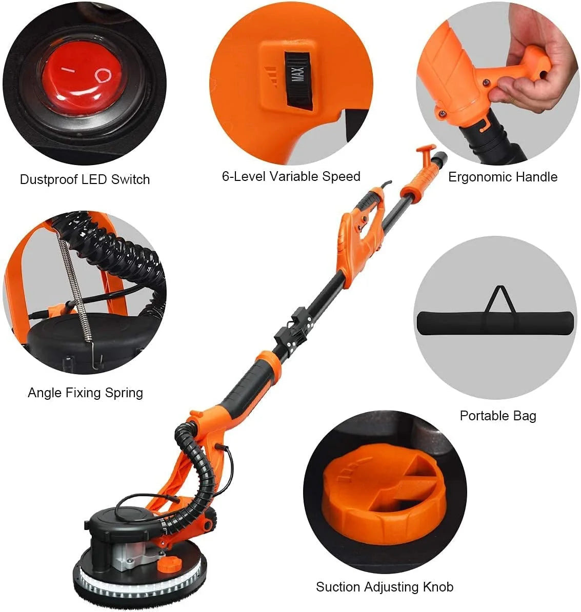 ERGOMASTER 750W Drywall Sander, Variable Speed Electric Wall Sander With Vacuum System, LED Lights, 12 Sanding Disks & Carrying Bag (Foldable)