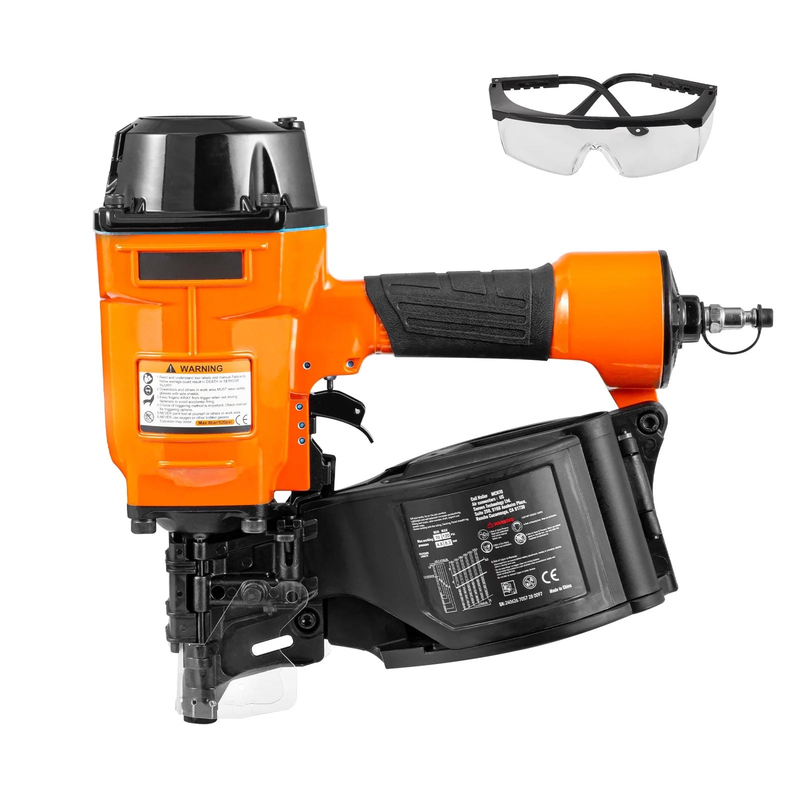 KFFKFF Pneumatic Coil Siding Nailer MCN70, Compatible with 1-3/4" to 2-3/4" Nails, 15 Degree Angle, 70-120PSI, Ideal for Pallets, Crates, Frames, Siding & Fences