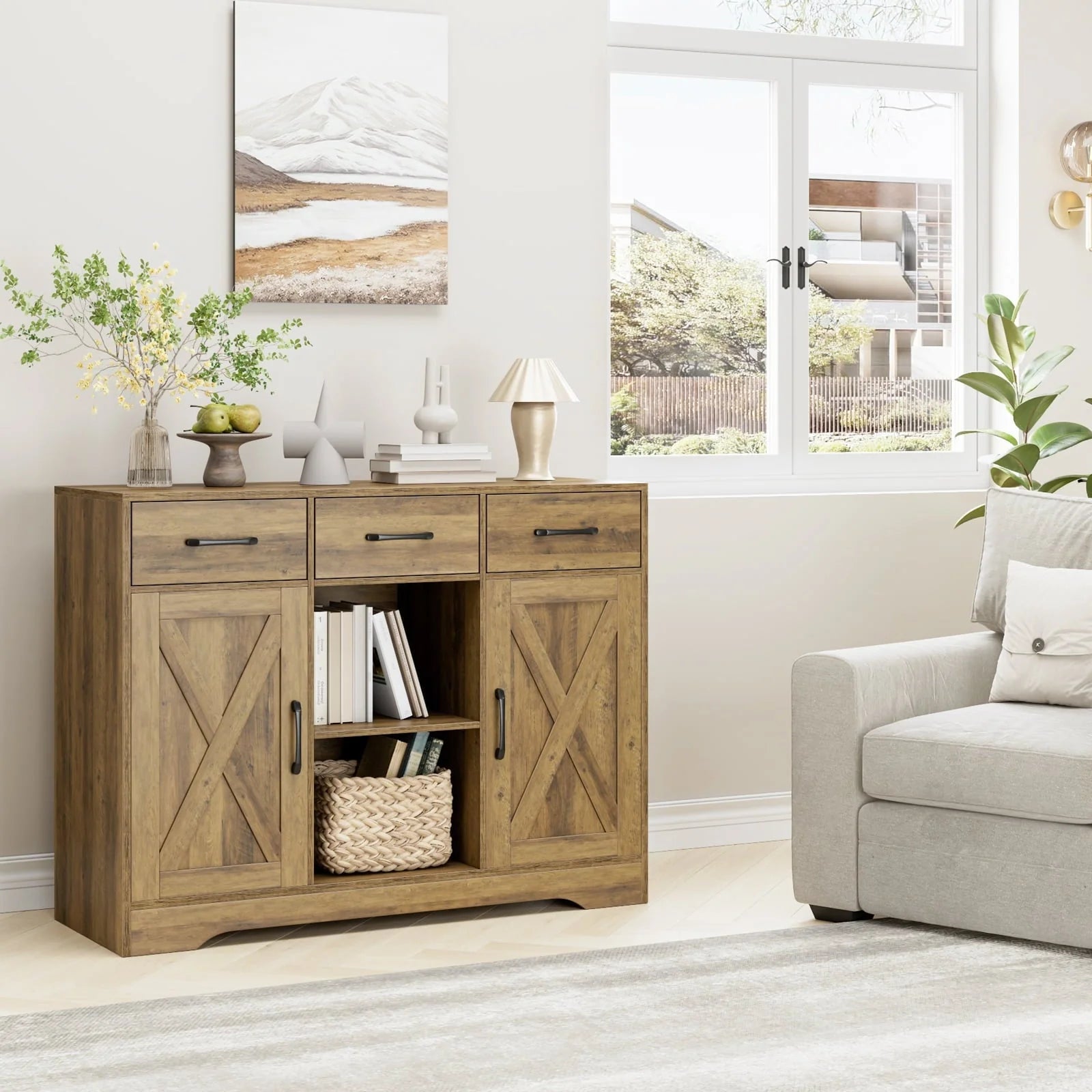 Homfa 41.7'' Wide 3 Drawer Brown Wood Sideboard, 3 Drawer Kitchen Buffet with 2 Doors, Storage Cabinet with 2-Tier Adjustable Shelves for Living Room
