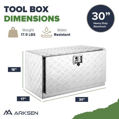 ARKSEN 30" Aluminum Truck Underbody ToolBox w/T-Handle Latch Durable Pickup Trailer Storage Organizer Tool Box Key Lock, Silver